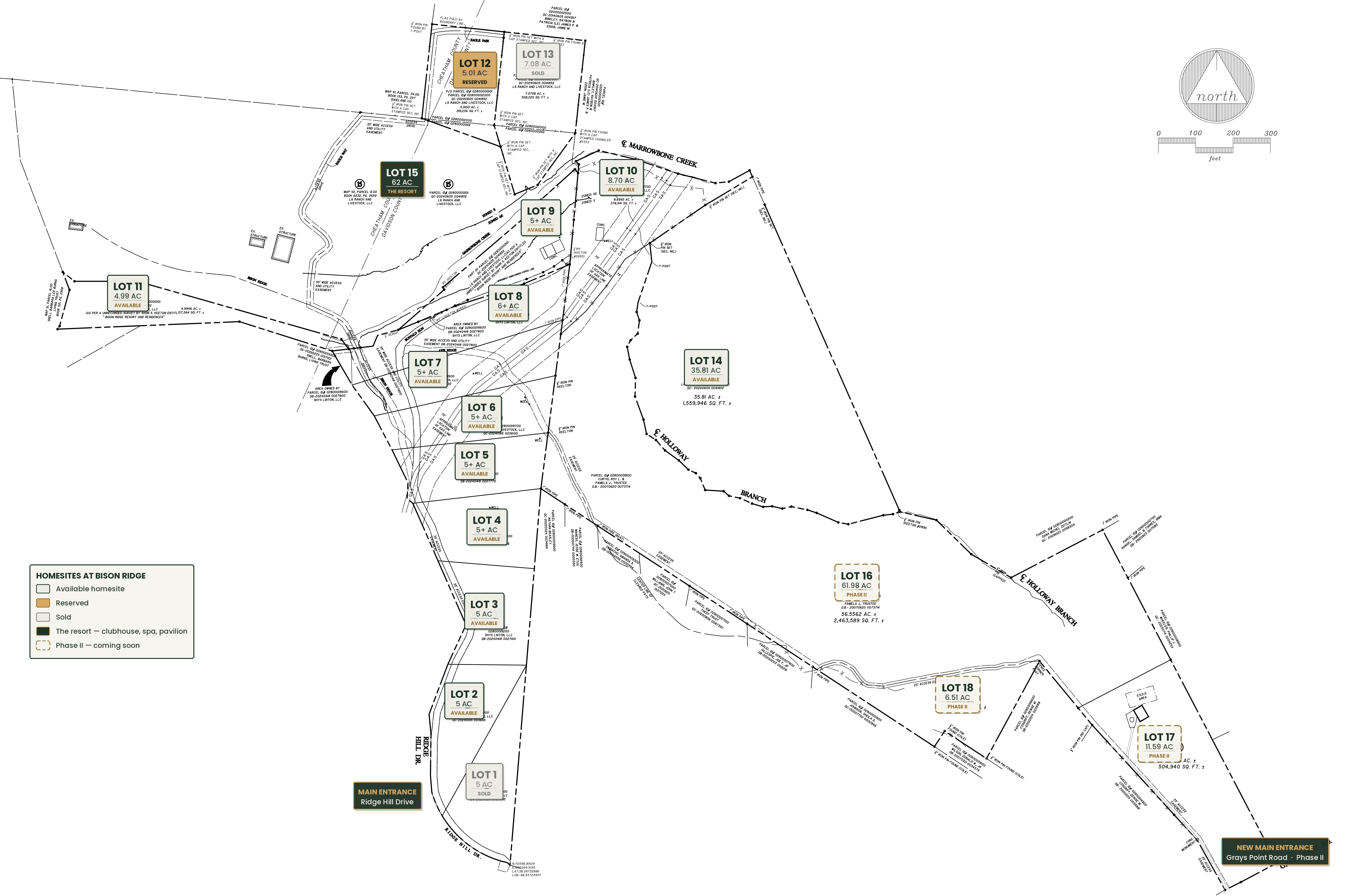 Plat of Bison Ridge showing each homesite by number and acreage, the sixty-two-acre resort core, the main entrance on Ridge Hill Drive and the future Phase II entrance from Grays Point Road.